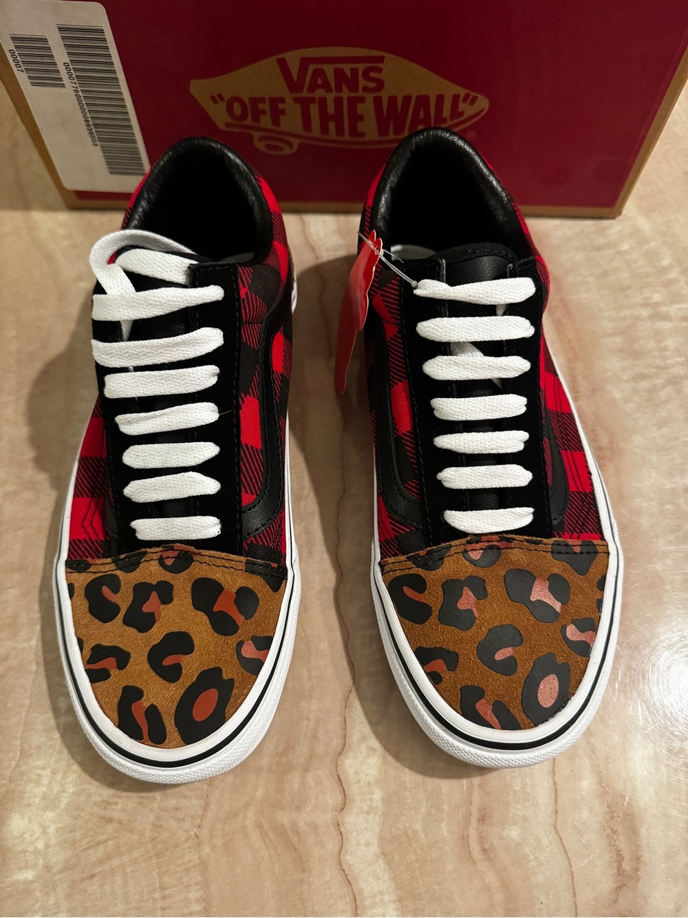 Vans Red & Black Plaid Low Top Sneakers with Brown Leopard Print NWT